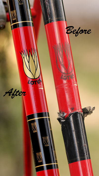 Seat Tube Decals before and after